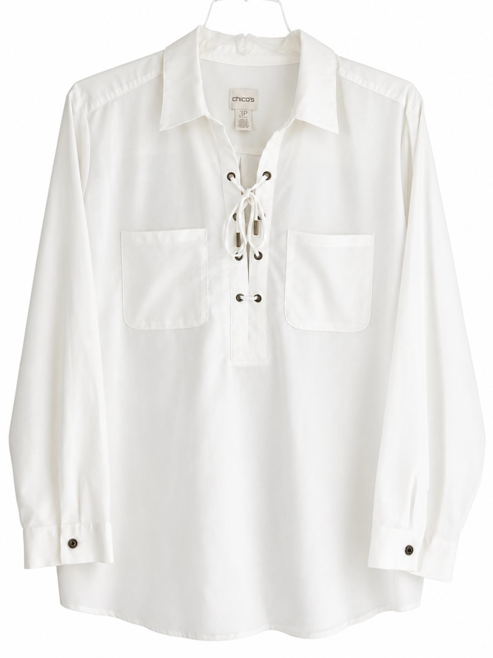 Chico's White Lace-Up Long-Sleeve Button Down Shirt Size 3P